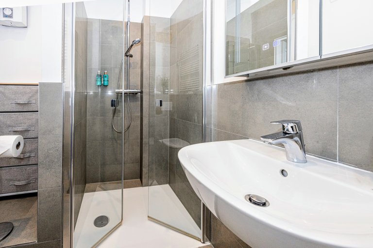 Badezimmer mit Dusche, WC, Waschbecken und Spiegelschrank